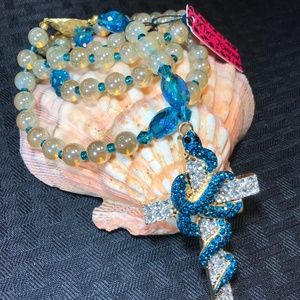 Betsey Johnson Gold And Turquoise Rhinestone Crucifix Five Decade Fashion Rosary